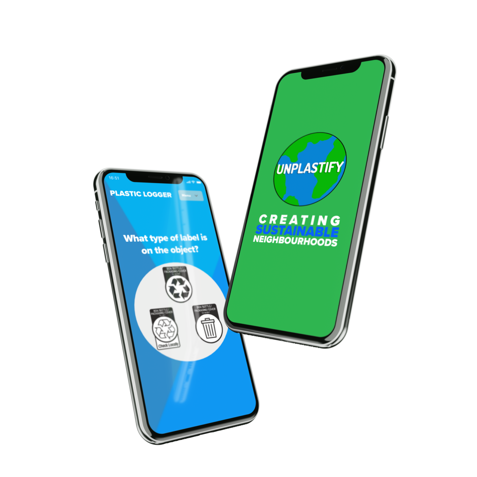 Two iPhone models showing the UnPlastify Logo and one of it's interfaces about recycling. 